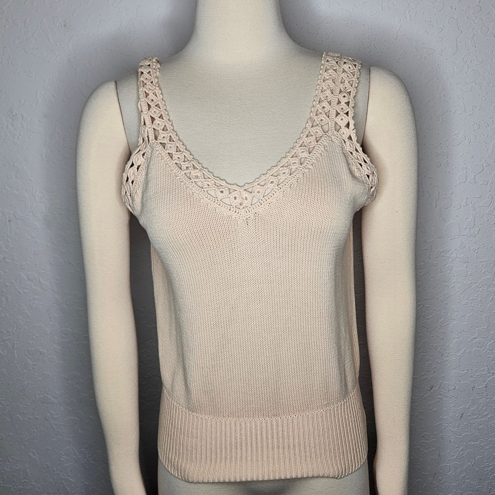 Vintage Magnolia Musk Melon Cotton Knit Tank Top Crochet Trim V-Neck Size M‎